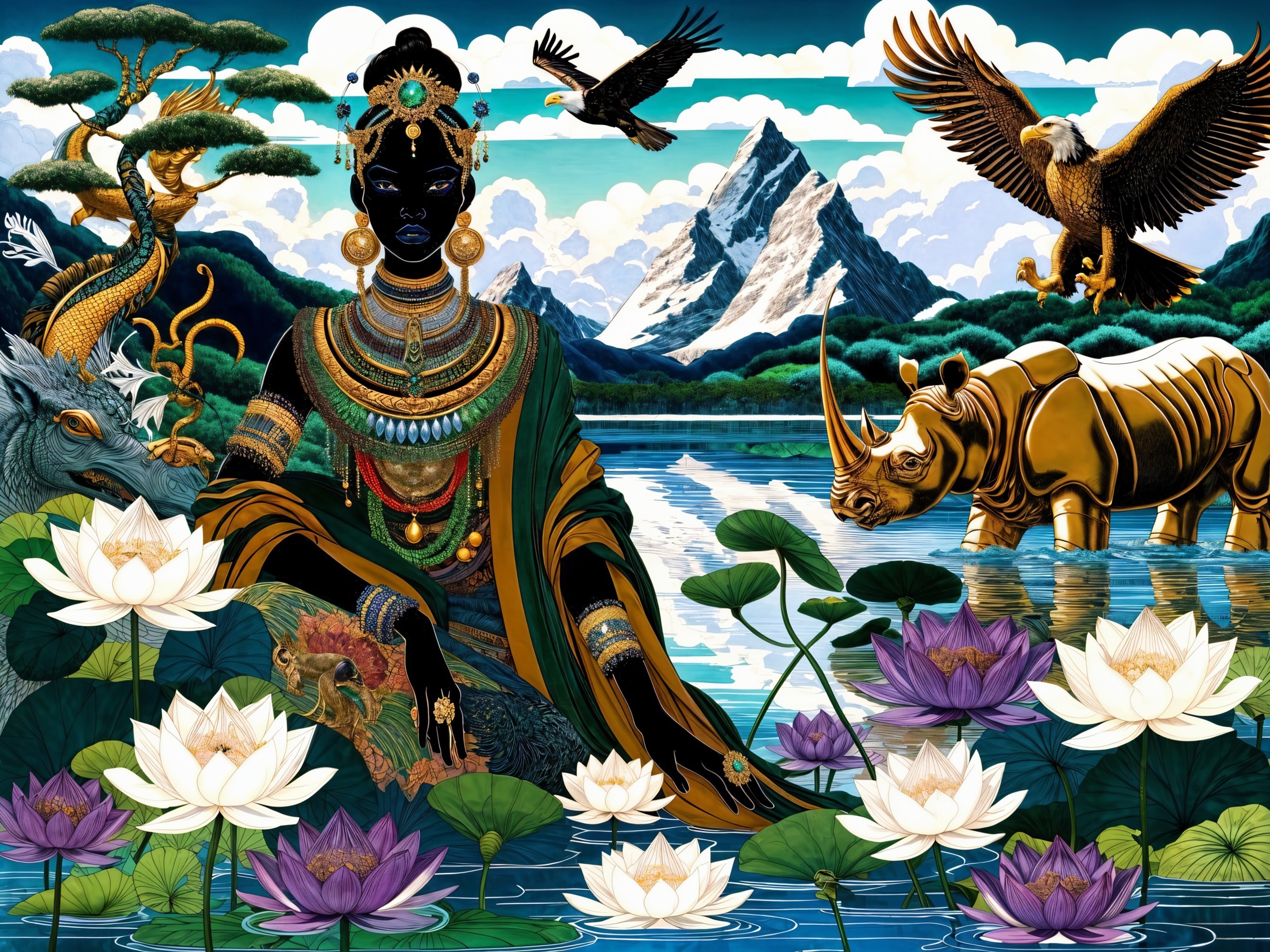 Serene Figure in Ornate Jewelry Amidst Nature's Beauty