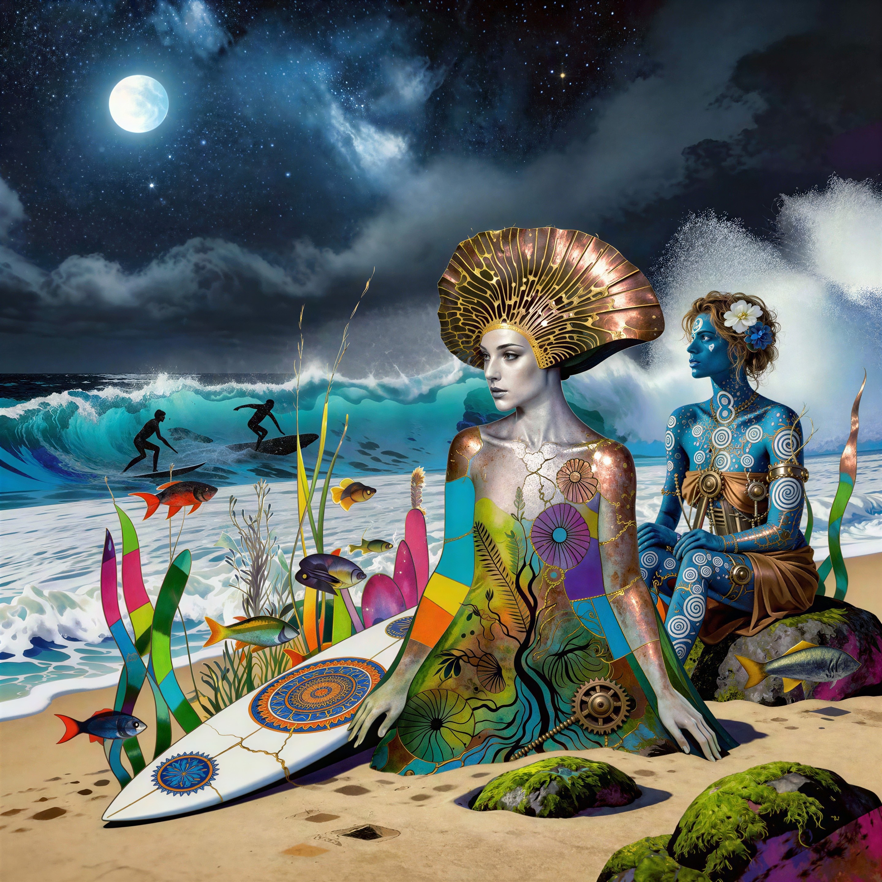 Surreal Mixed-Media Artwork of Women on Night Beach
