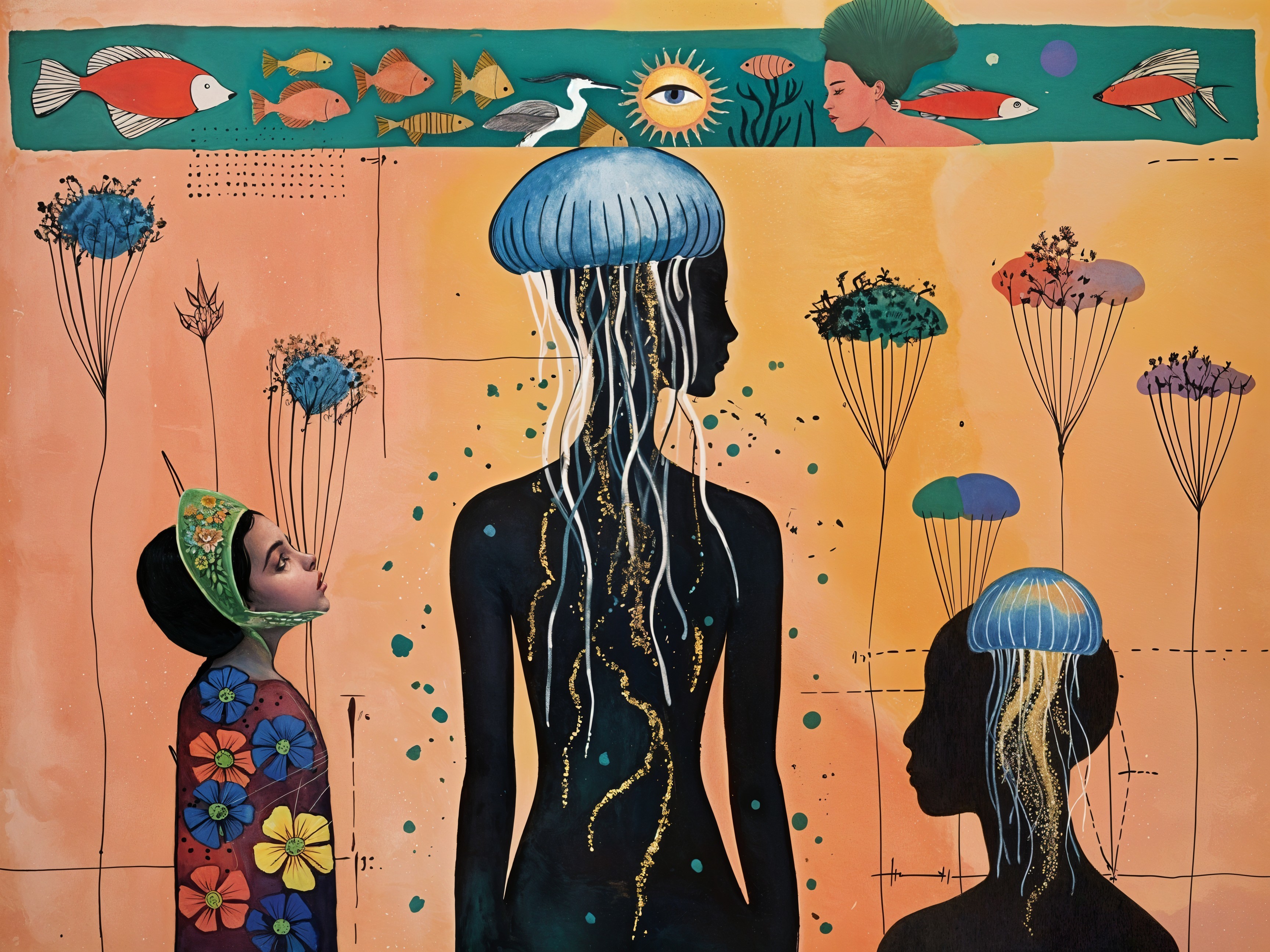 Silhouetted Figures with Jellyfish and Fish Elements