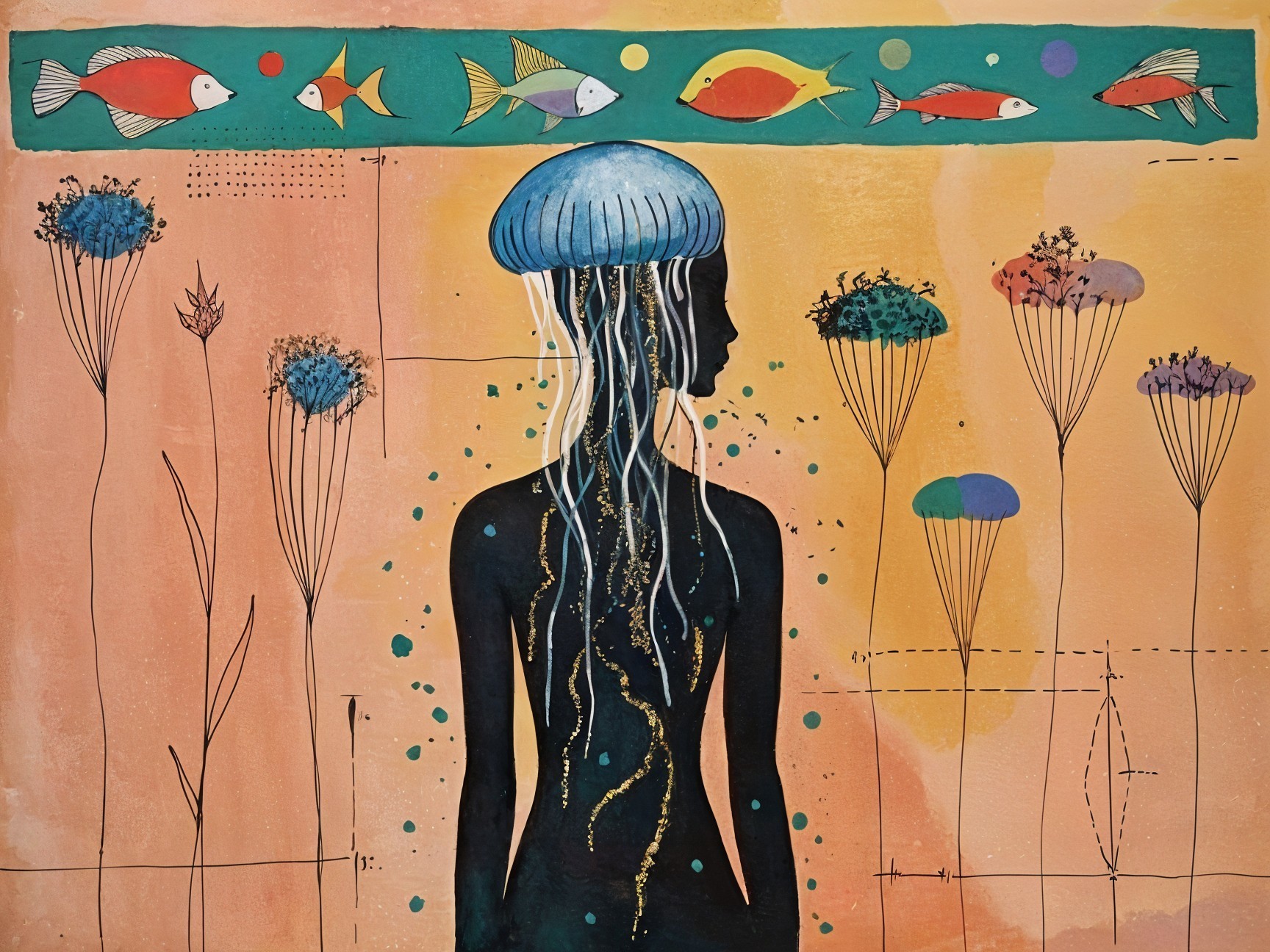 Silhouette with Jellyfish Headdress and Colorful Fish
