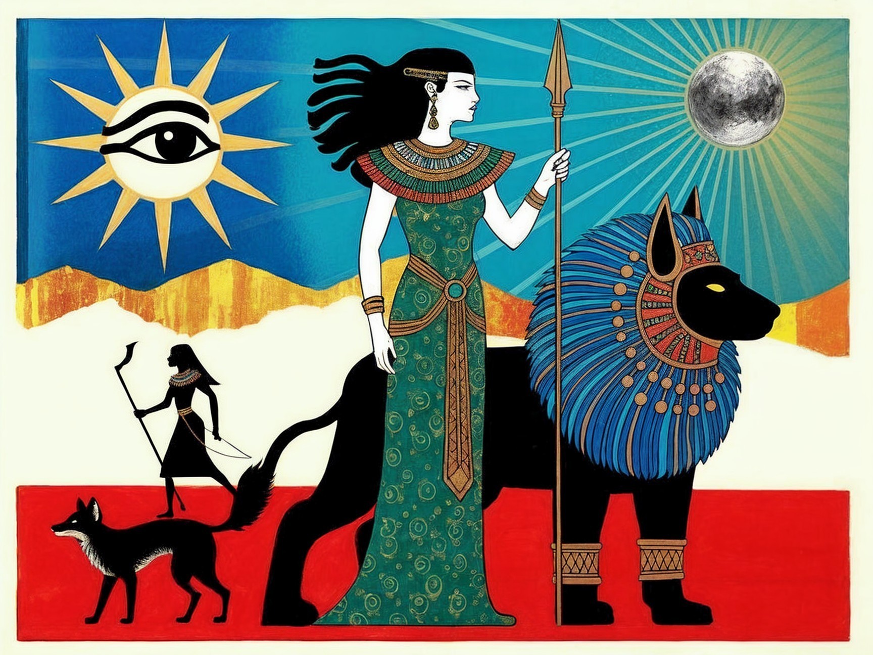 Stylized depiction of ancient Egyptian themes with figures