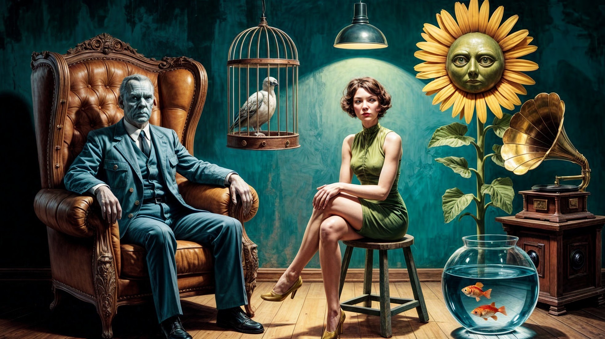 Surreal Scene with Man, Woman, and Eclectic Decor