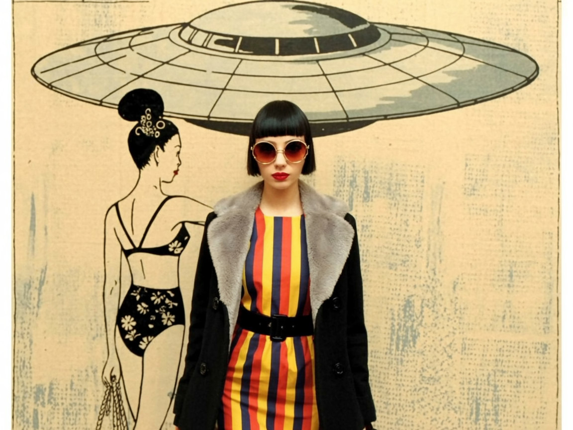 Stylish Woman in Vintage Setting with Retro UFO