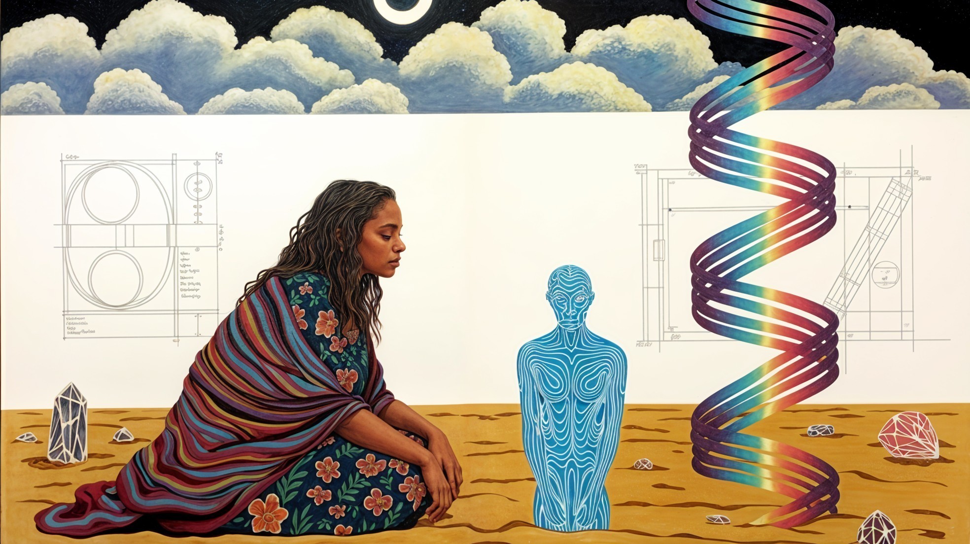 Contemplative Woman with Colorful Shawl and Mystical Elements