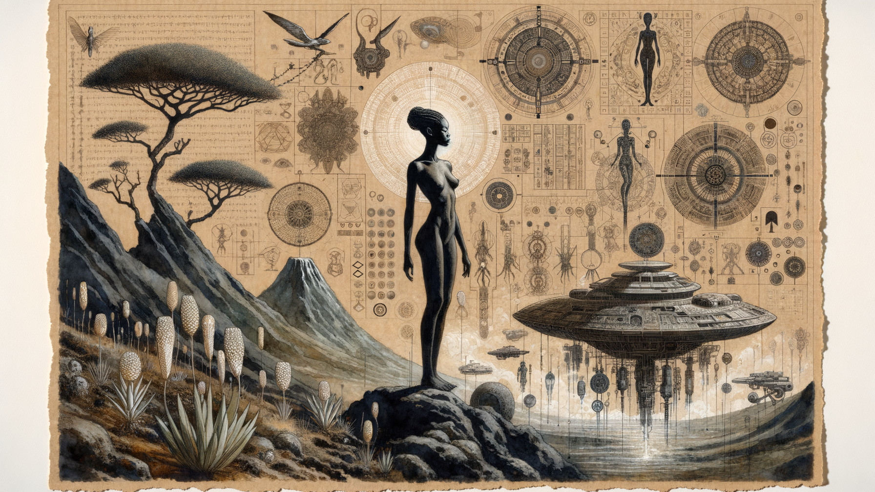 Silhouetted Figure on Rocky Landscape with Celestial Themes