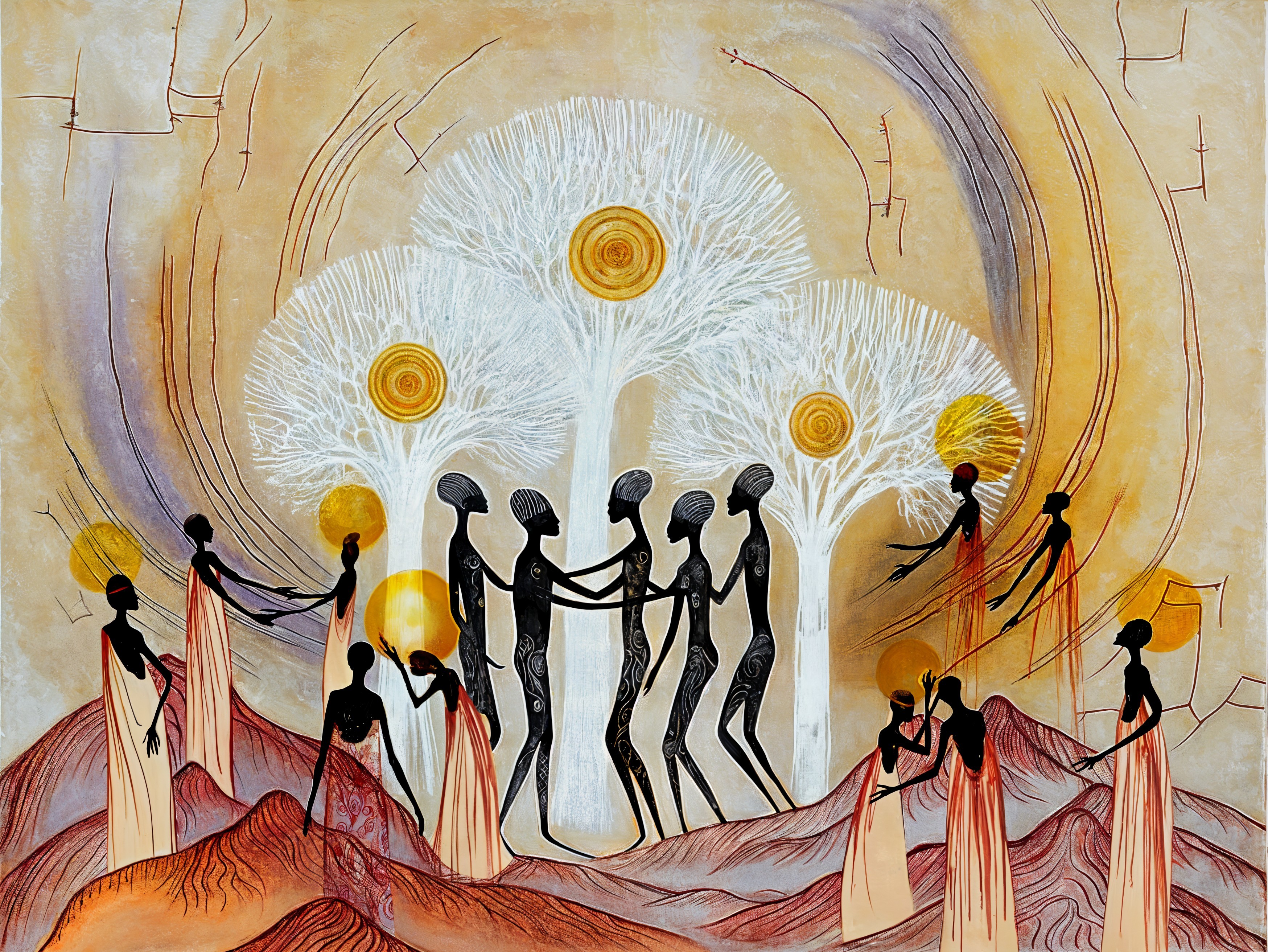 Abstract Figures in Silhouette Amidst Vibrant Landscape