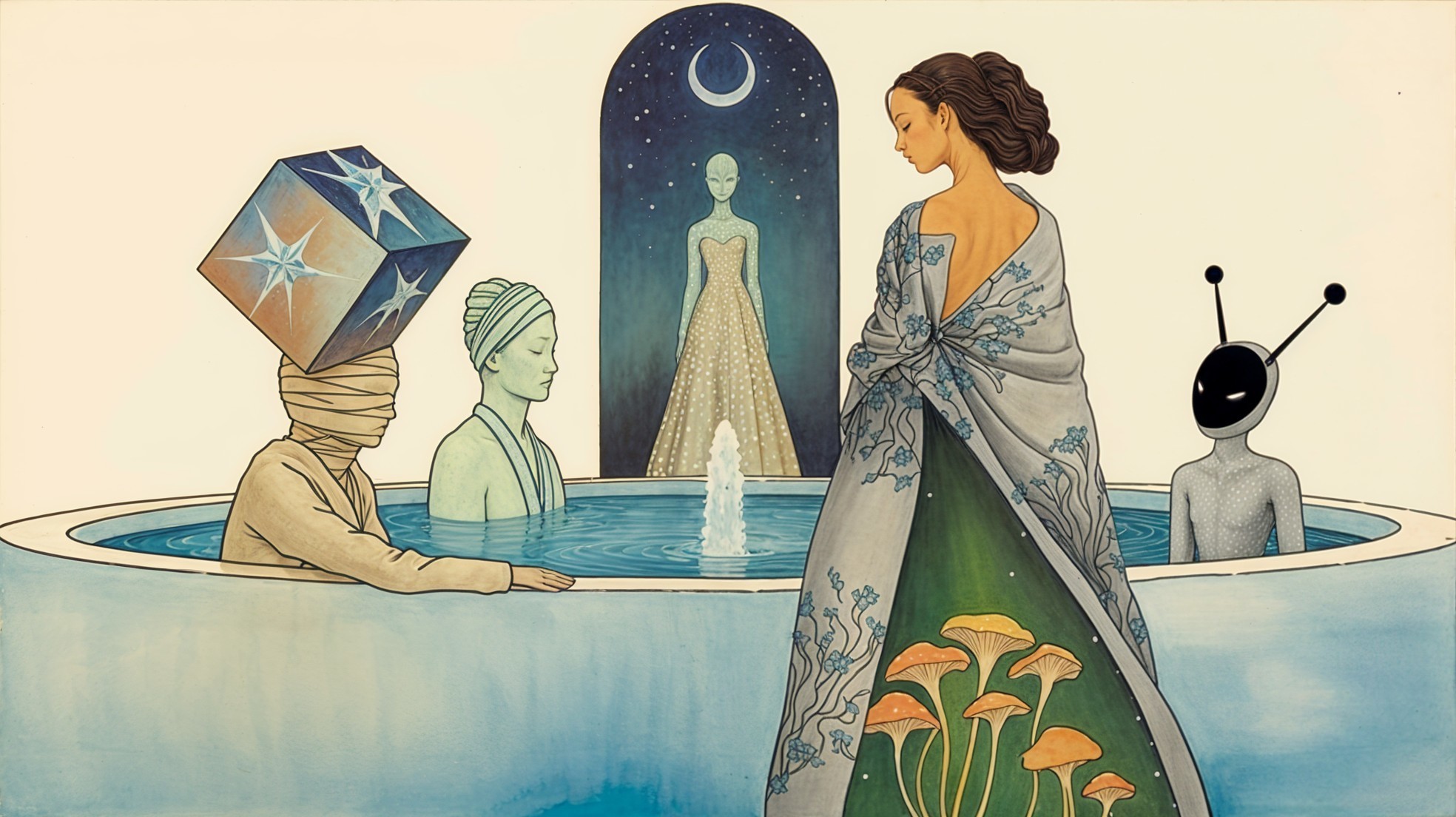 Surreal Artwork with Figures in a Tranquil Scene