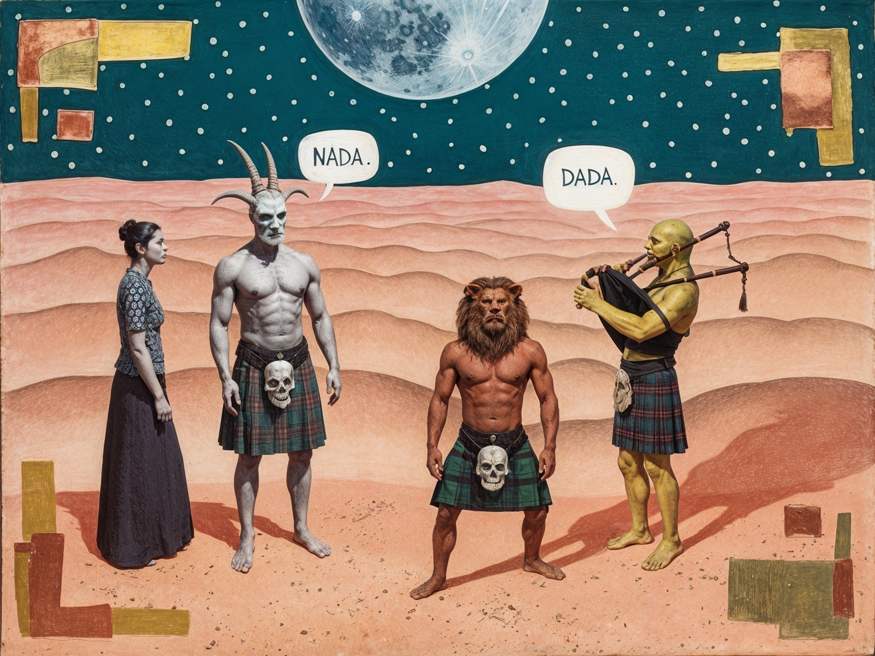 Surreal Landscape with Anthropomorphic Figures and Bubbles