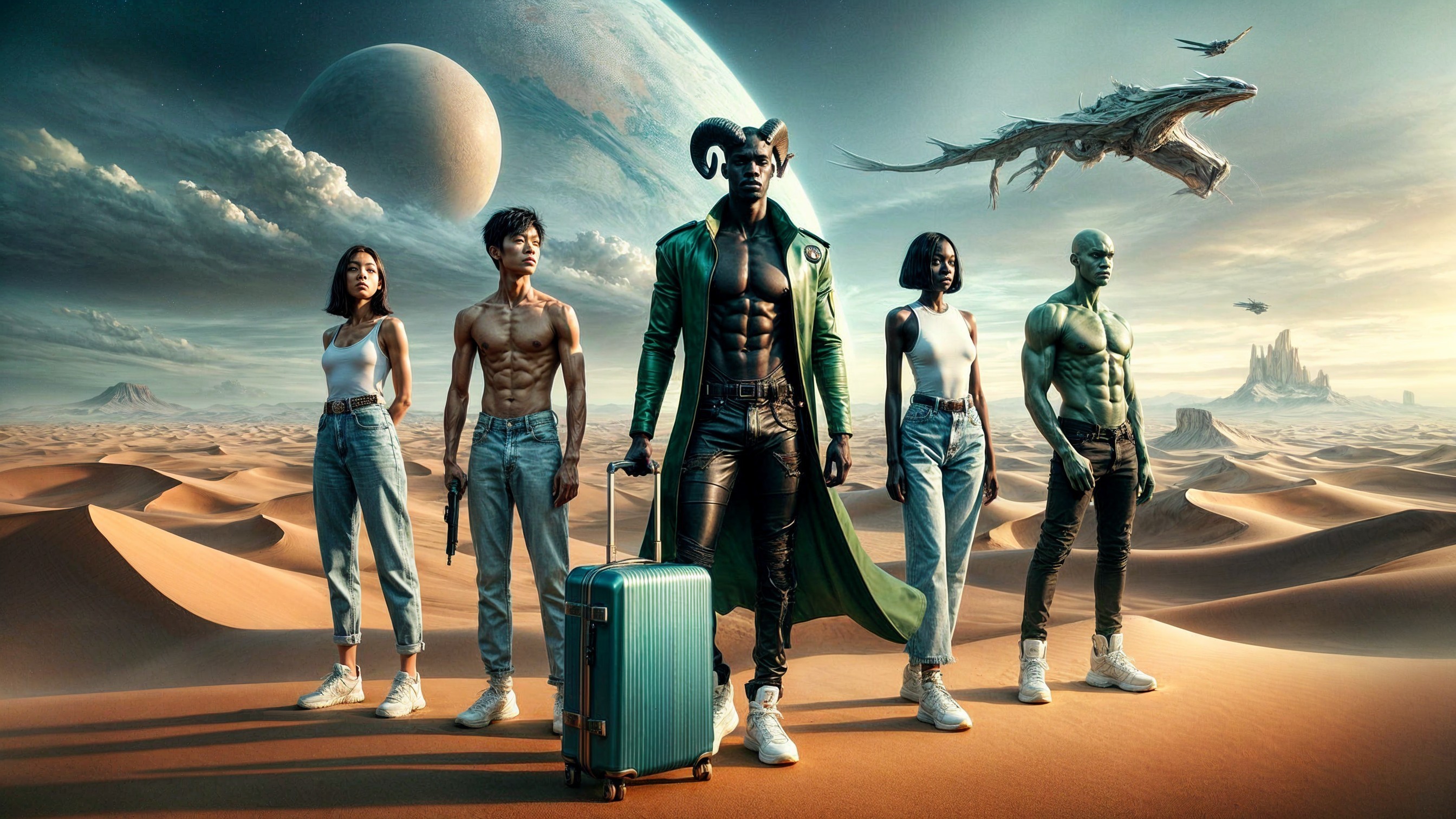 Diverse Group in Futuristic Fashion in Surreal Desert