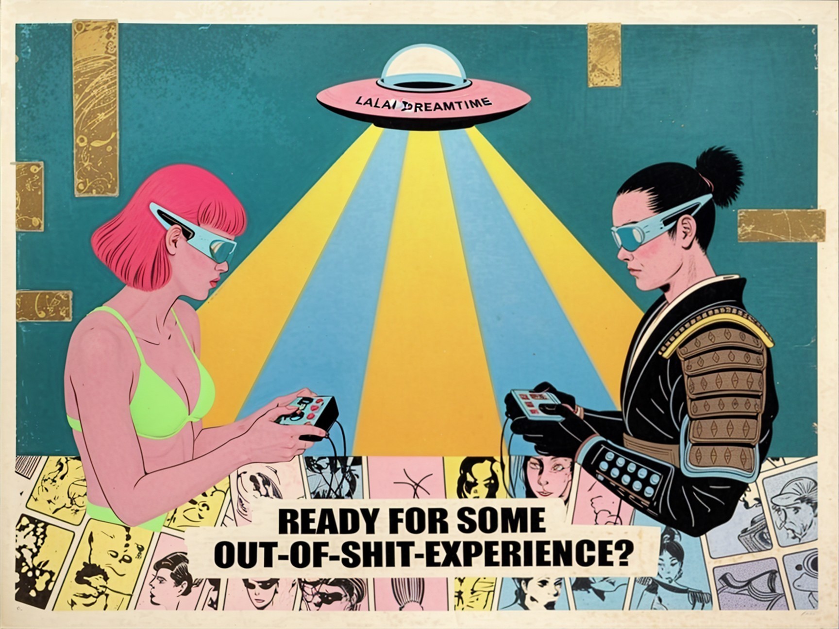 Retro Illustration of Characters Gaming Under UFO Light