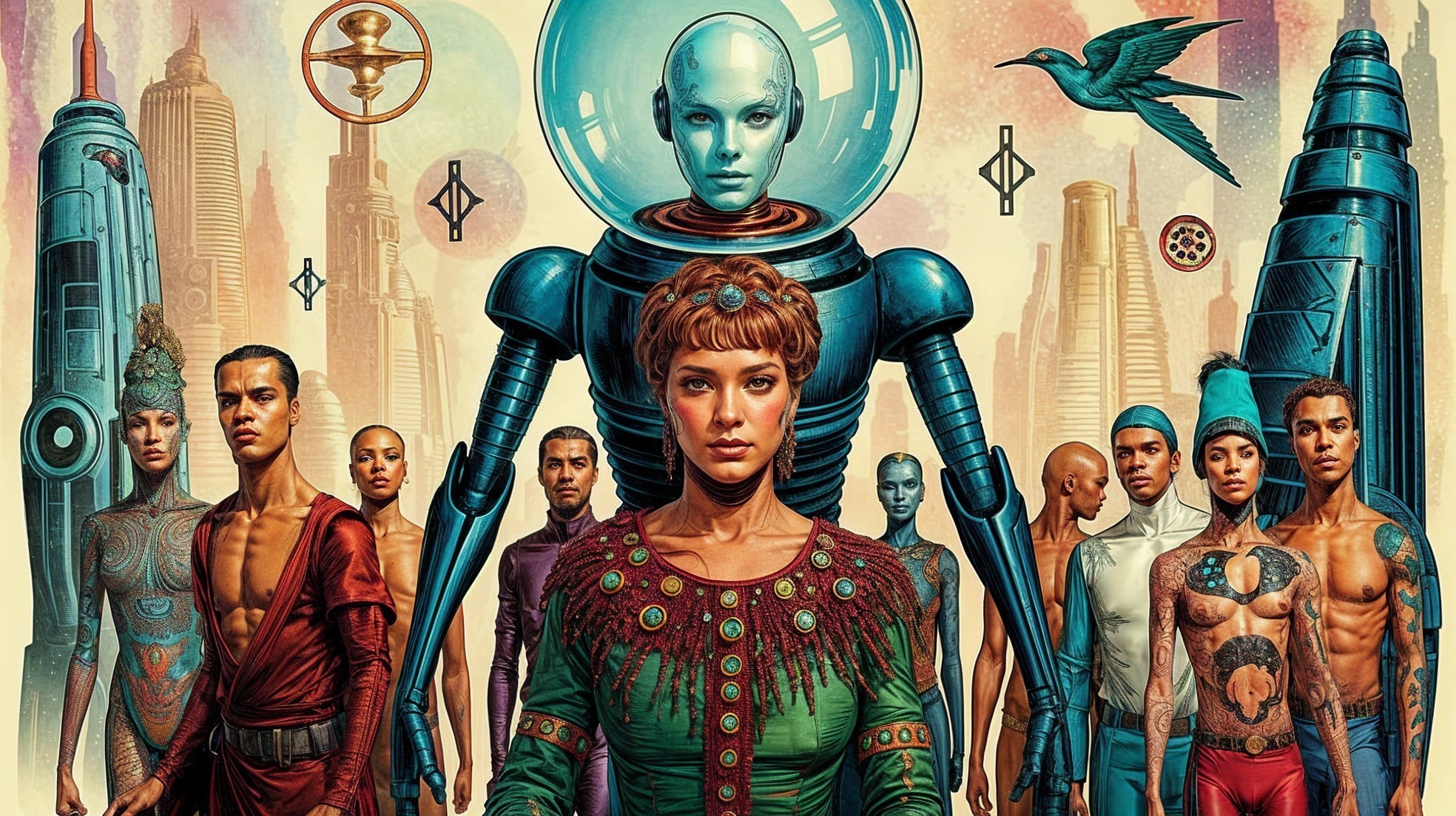 Futuristic Scene with Diverse Characters and Skyscrapers