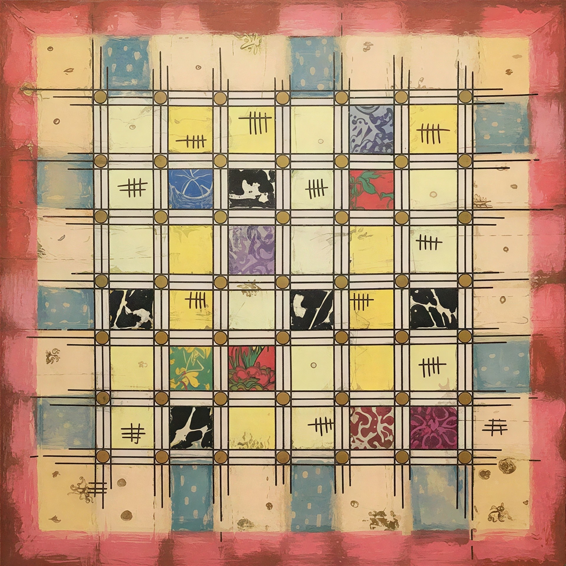 Mixed Media Painting with Patterned Squares and Tally Marks
