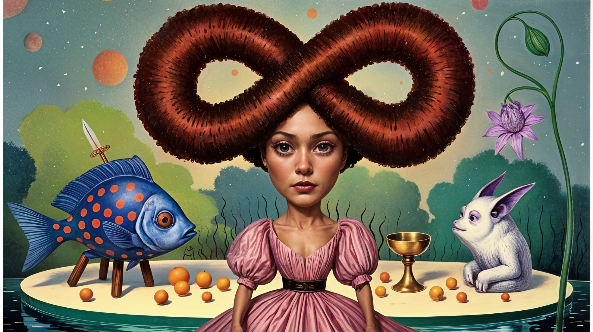 Surreal Scene with Girl in Pink Dress and Vibrant Elements