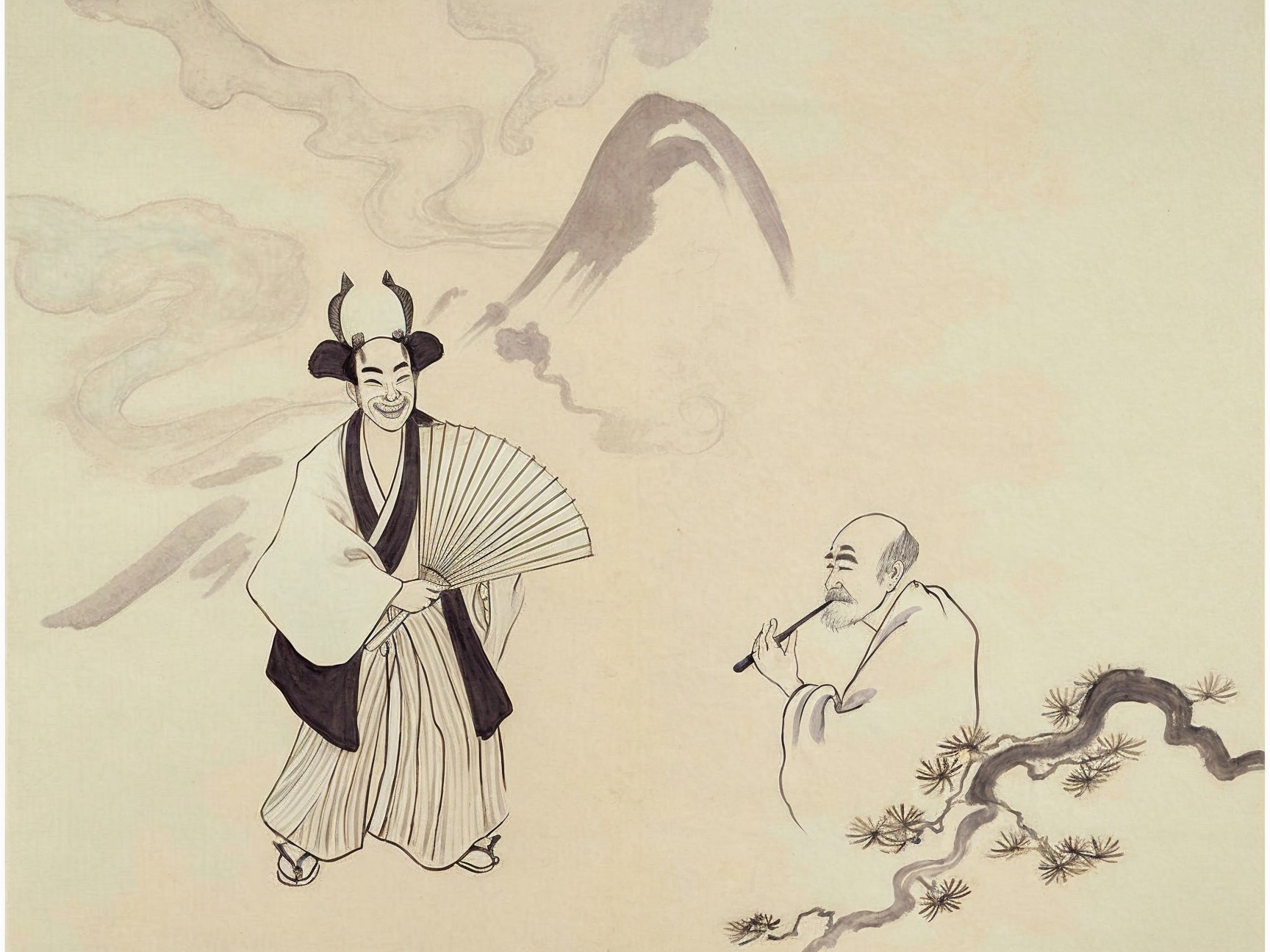 Traditional Eastern Scene with Figures and Nature Elements