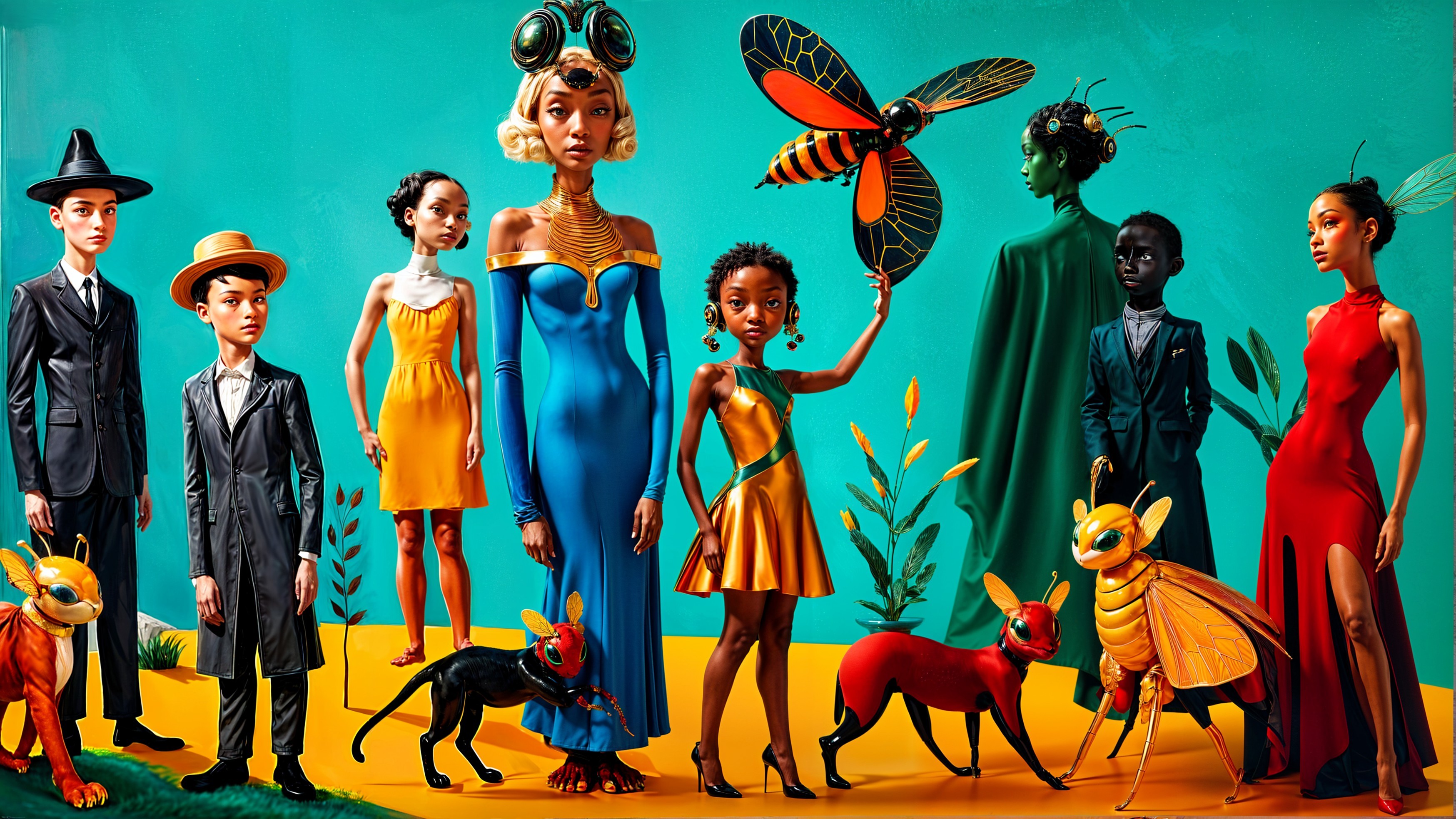 Vibrant Scene of Stylized Characters and Insects