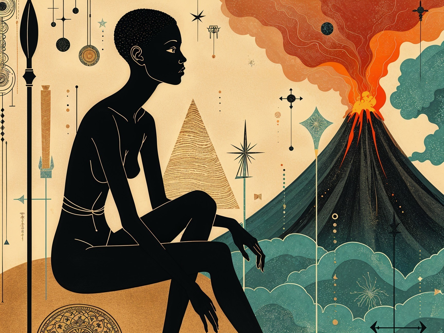 Silhouette of Woman Amid Erupting Volcano and Patterns