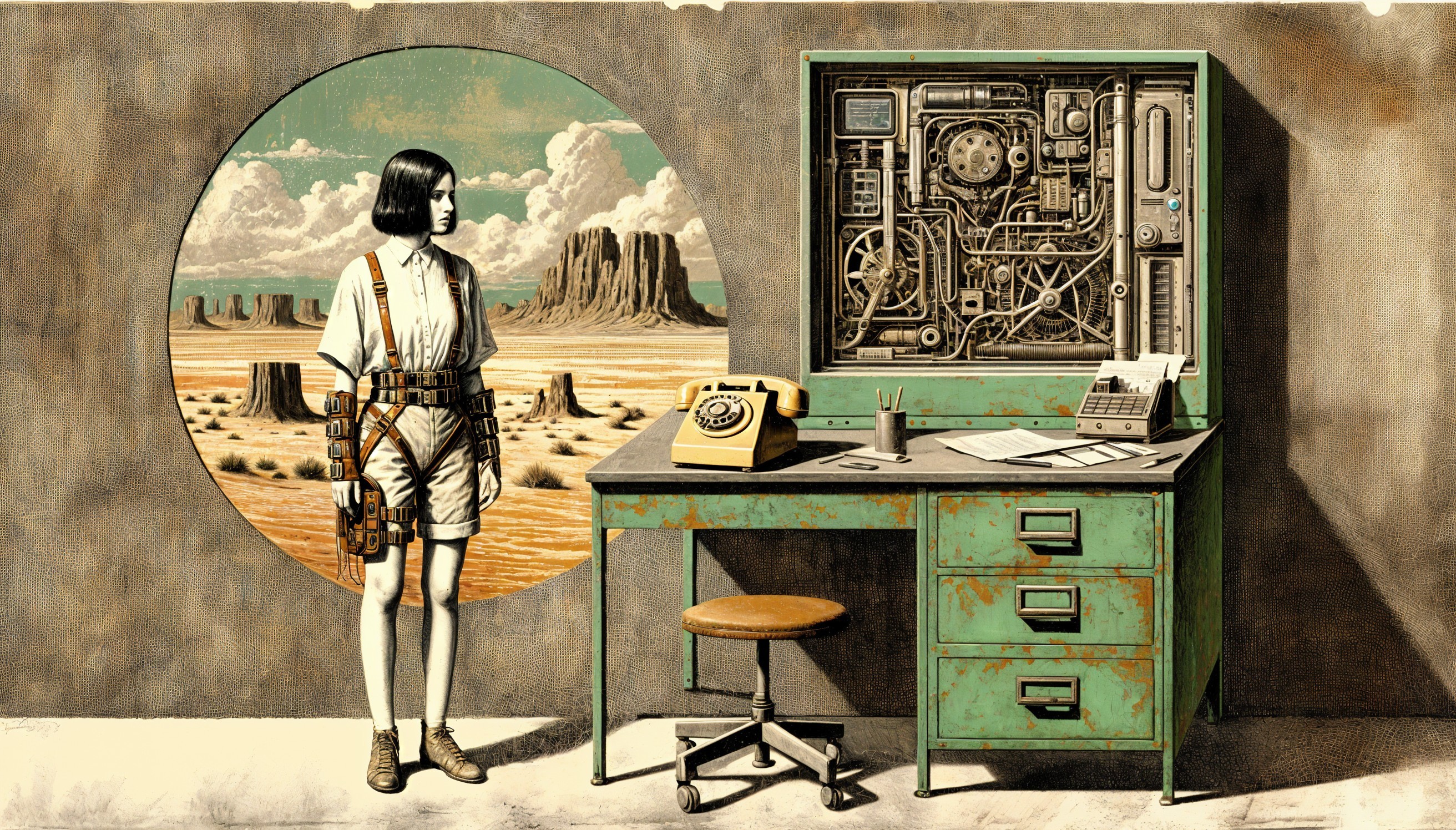 Surreal Scene of Futuristic Figure in Desert Landscape