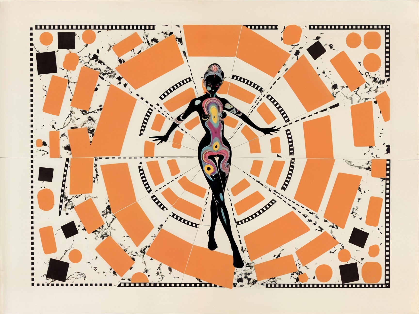 Abstract Design with Silhouetted Figure and Vibrant Colors