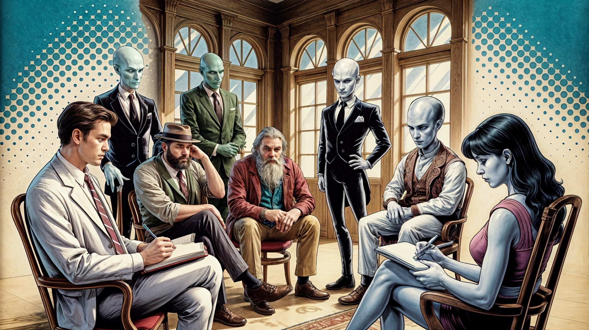 Diverse Gathering in Illustrated Room with Elderly Man