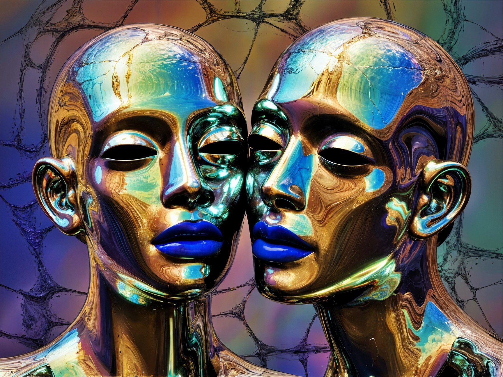Robotic Heads with Metallic Surfaces and Colorful Background