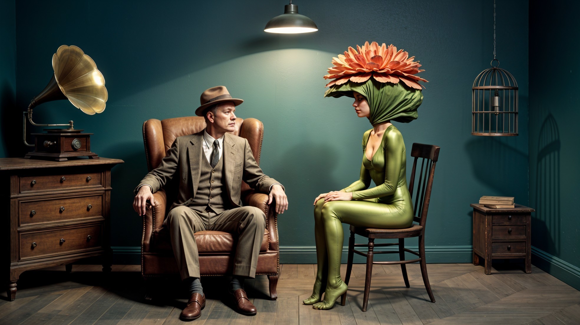 Surreal Room with Man, Woman, and Eclectic Decor