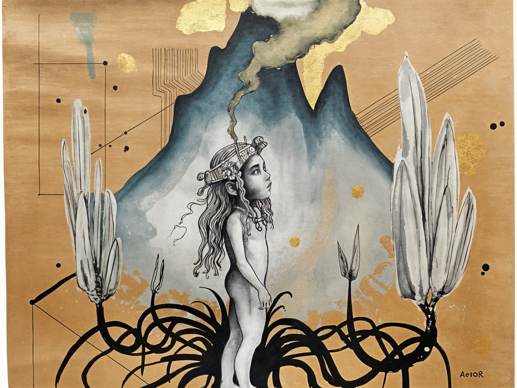Young Girl in Surreal Landscape with Abstract Elements