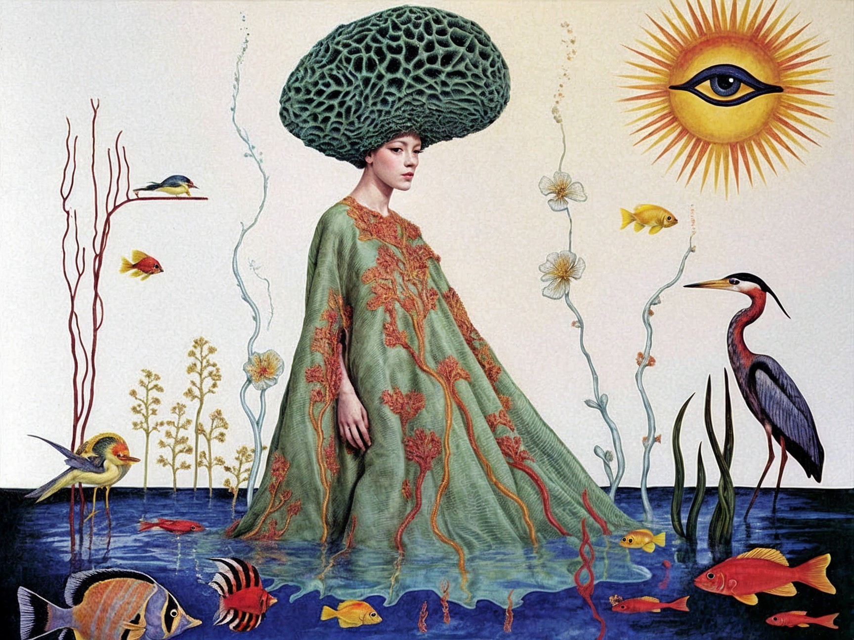 Surreal Scene of Woman in Water with Coral Headpiece