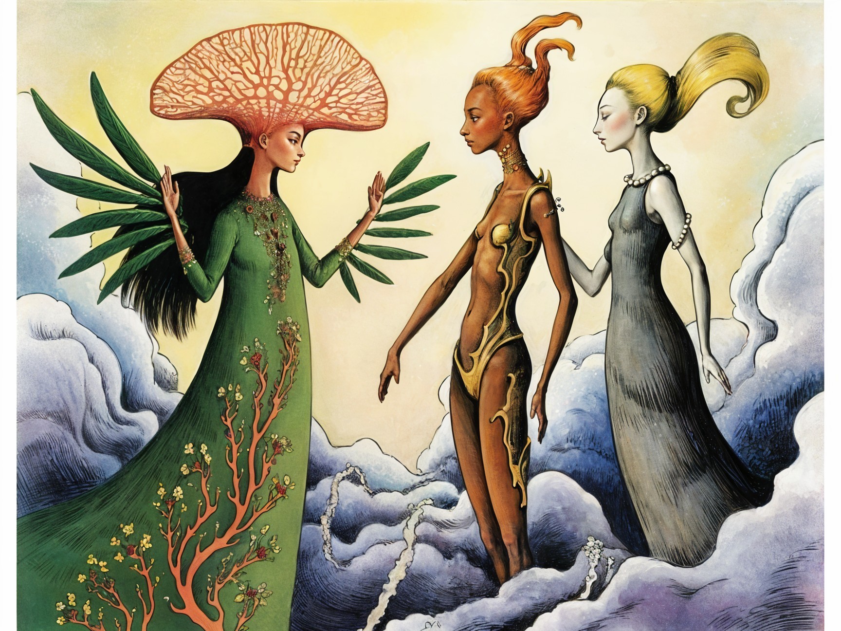 Surreal Illustration of Ethereal Figures in Landscape