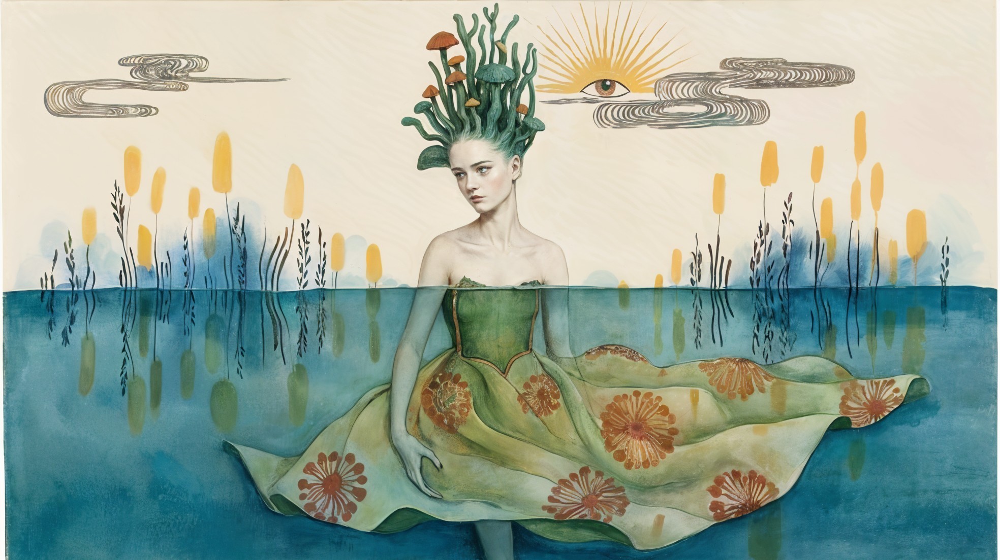 Ethereal Figure in Floral Dress Surrounded by Nature