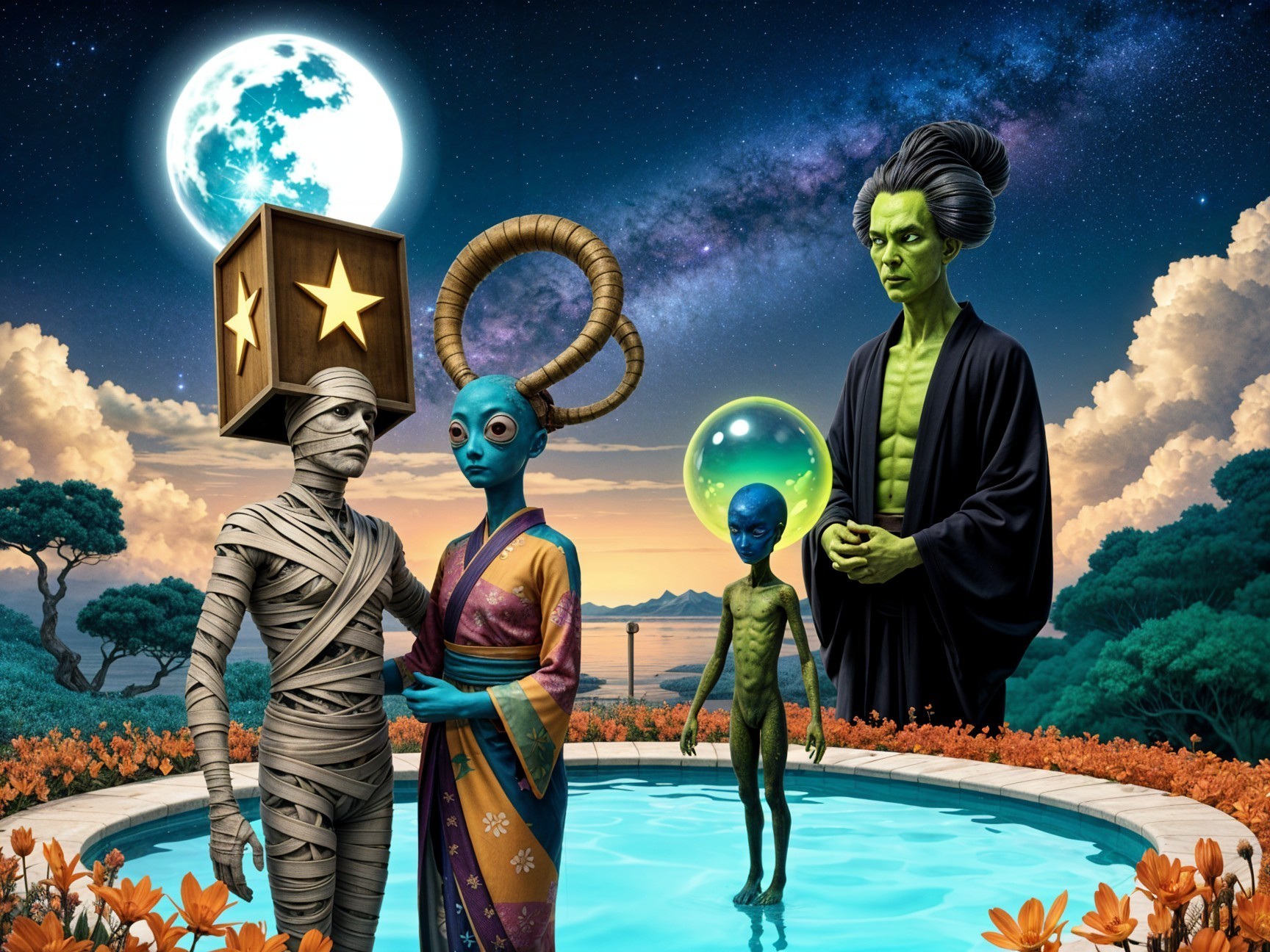 Extraterrestrial Beings by a Serene Pool Under Stars