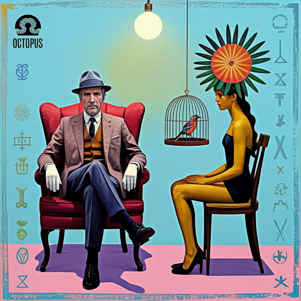 Surreal Scene with Colorful Figures and Intricate Symbols