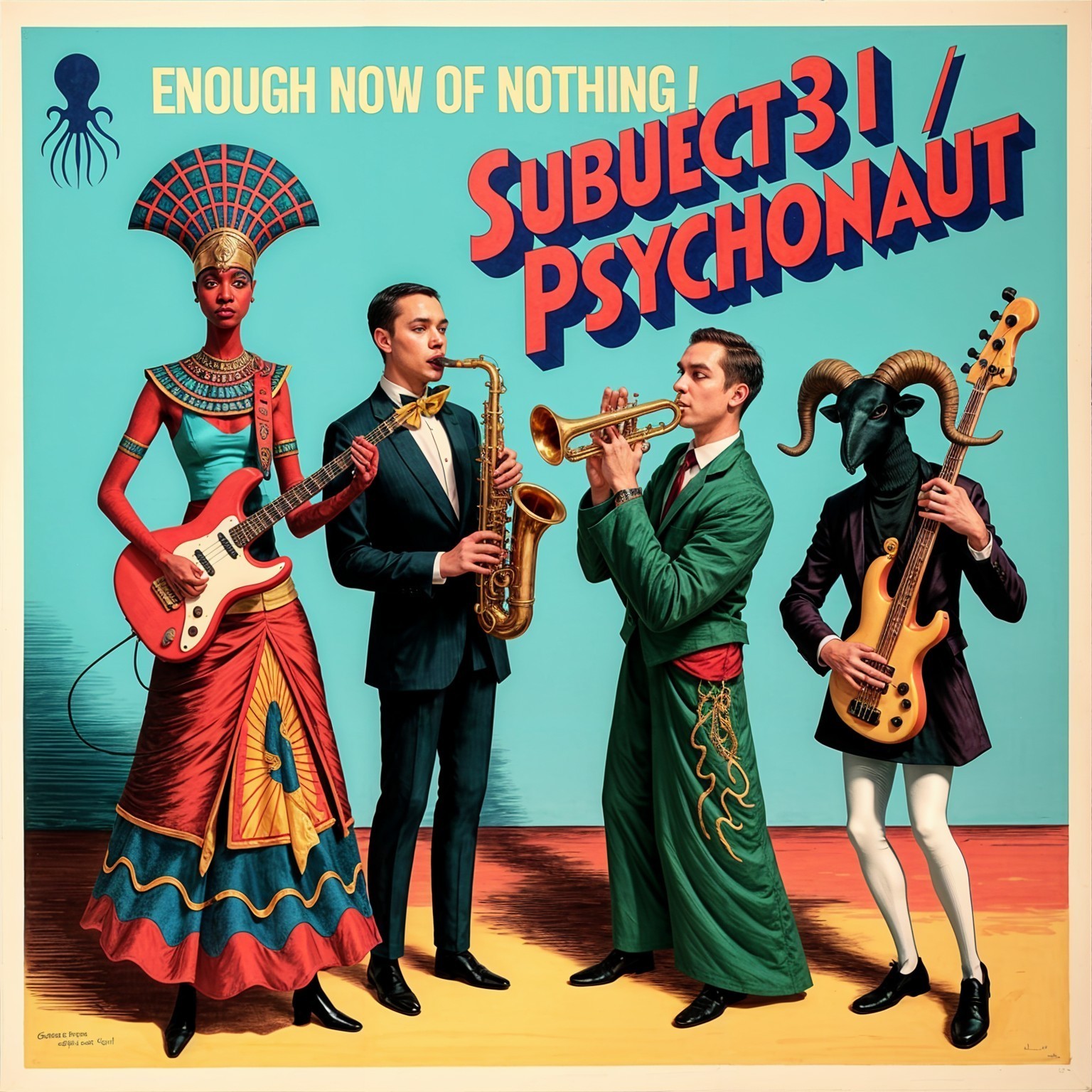 Surreal Band Scene with Colorful Attire and Instruments