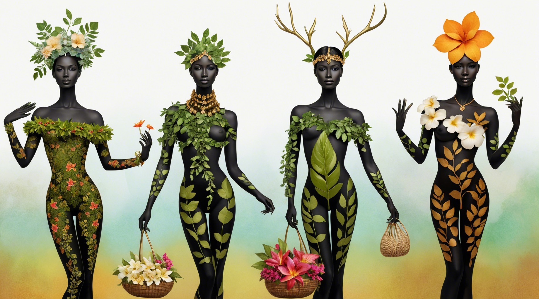 Stylized Figures with Nature-Inspired Designs and Baskets