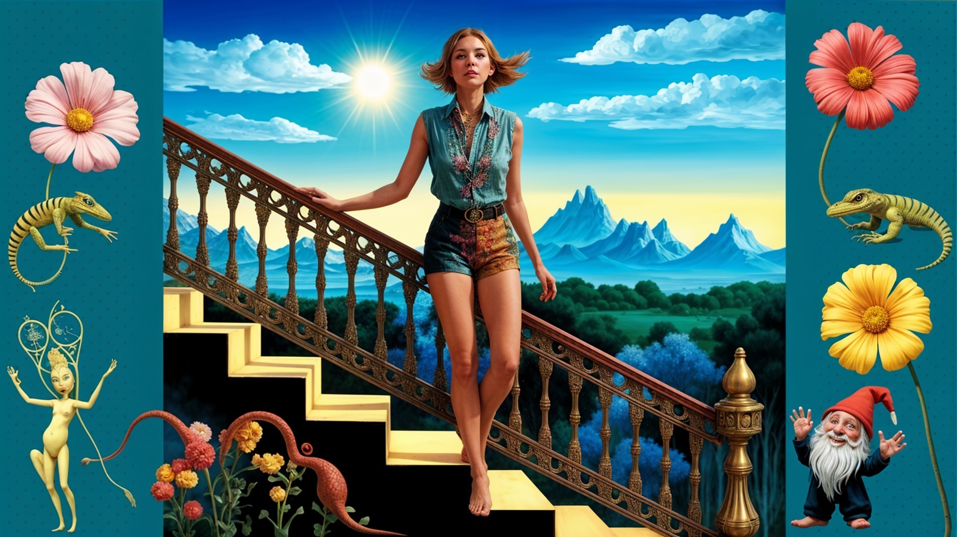 Young woman on ornate staircase in vibrant landscape