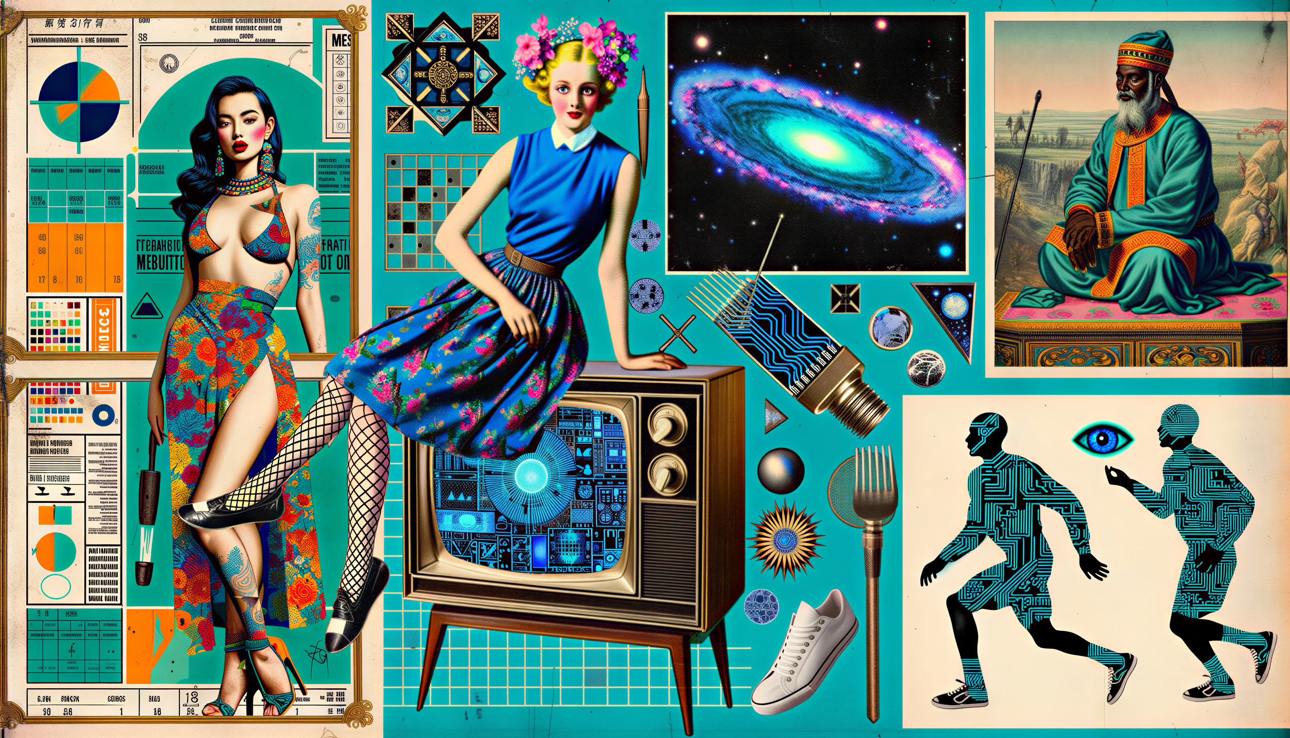Vibrant Collage of Retro and Futuristic Elements