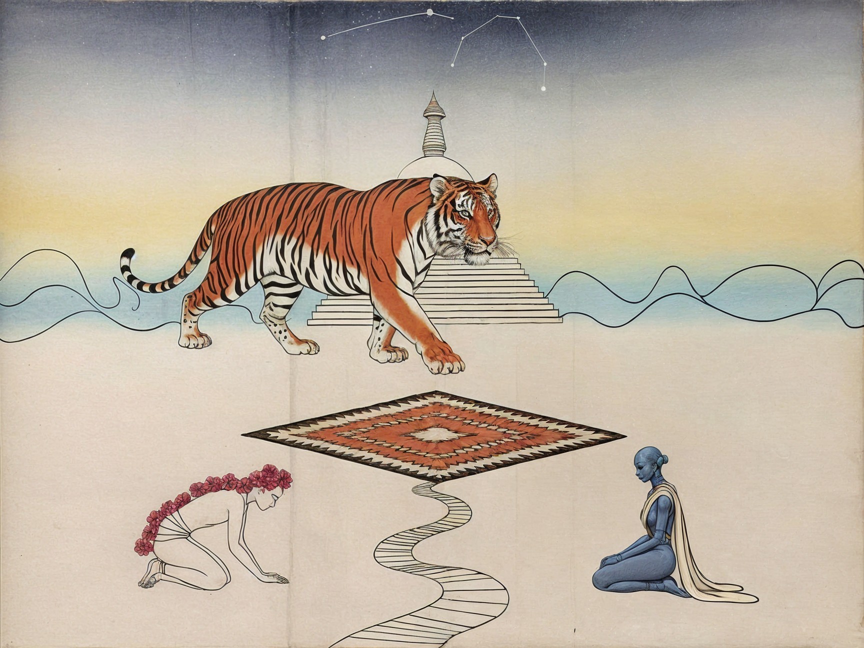 Majestic tiger in pastel landscape with meditative figures