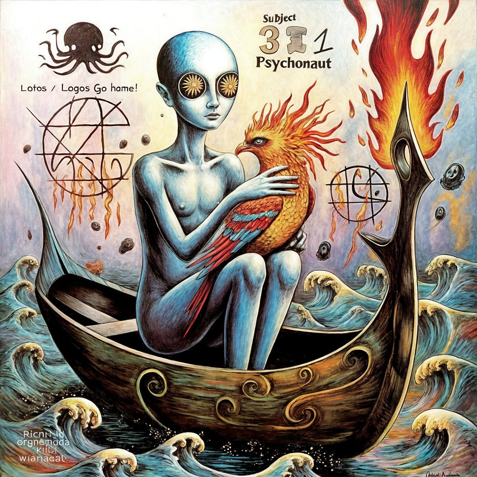 Surreal scene with humanoid figure and phoenix in boat