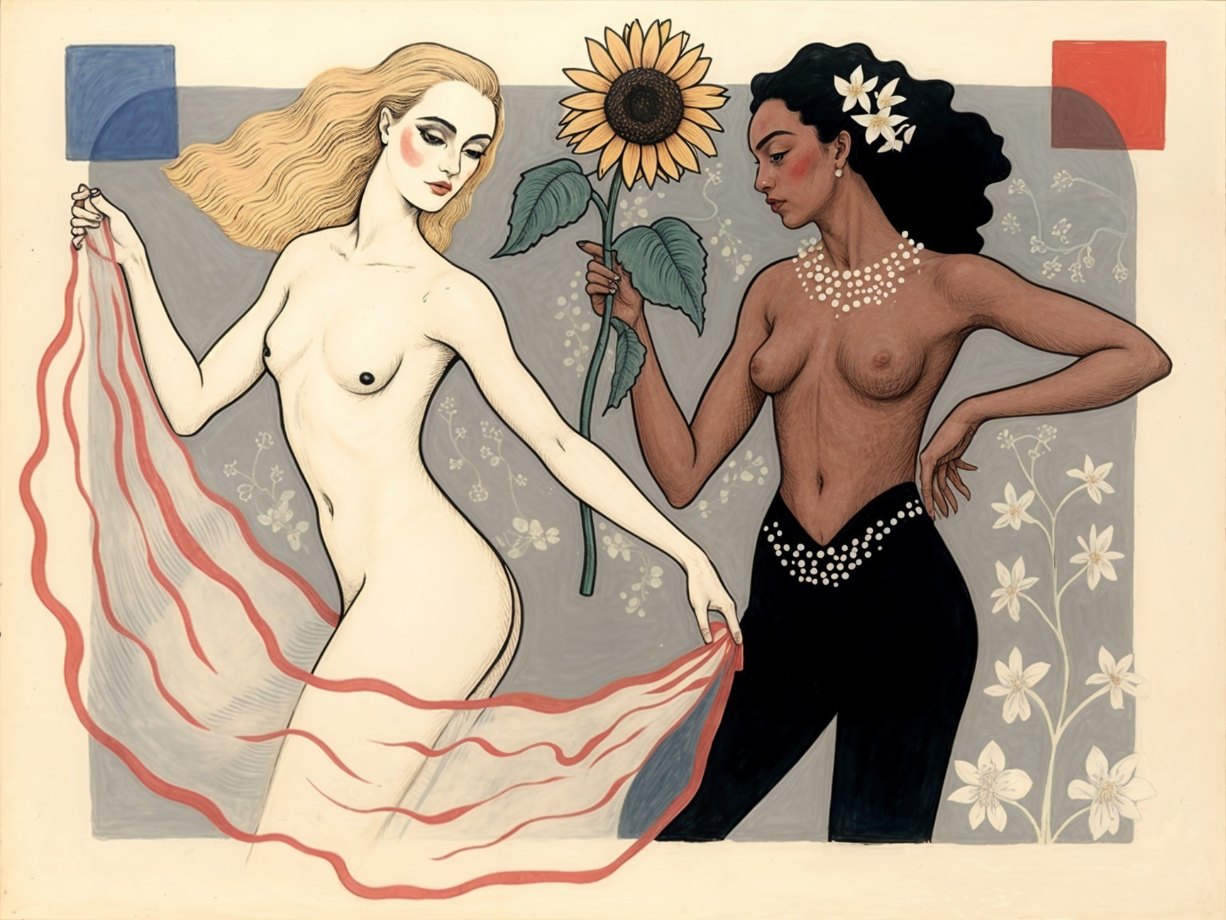 Stylized Artwork of Two Women with Floral Motifs