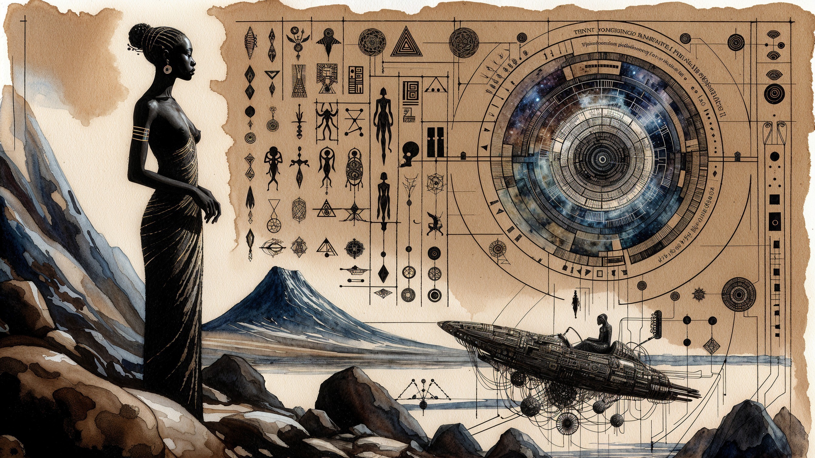 Serene Figure in Black Dress with Futuristic Spacecraft