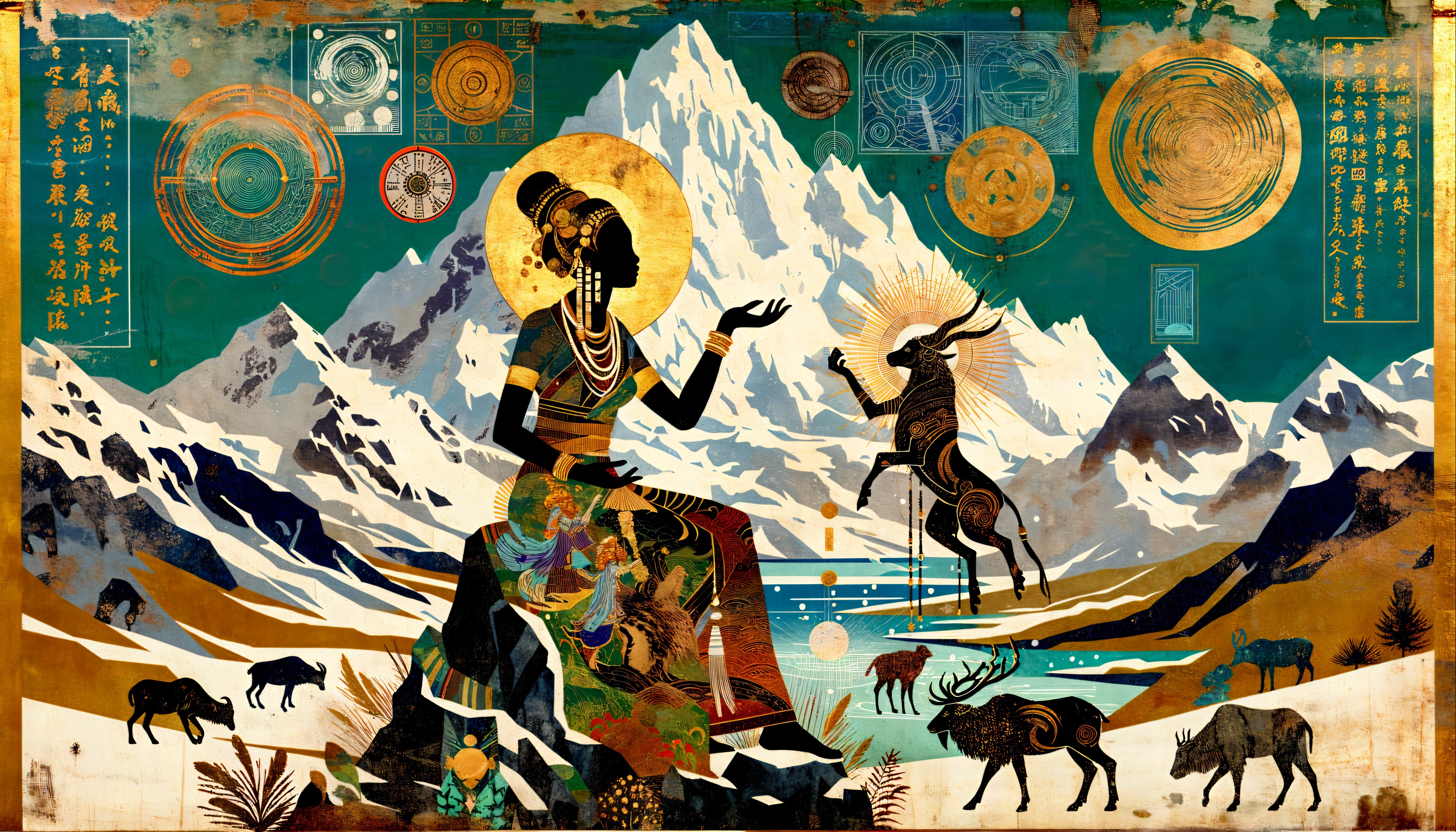 Serene Figure Amid Majestic Mountains and Wildlife