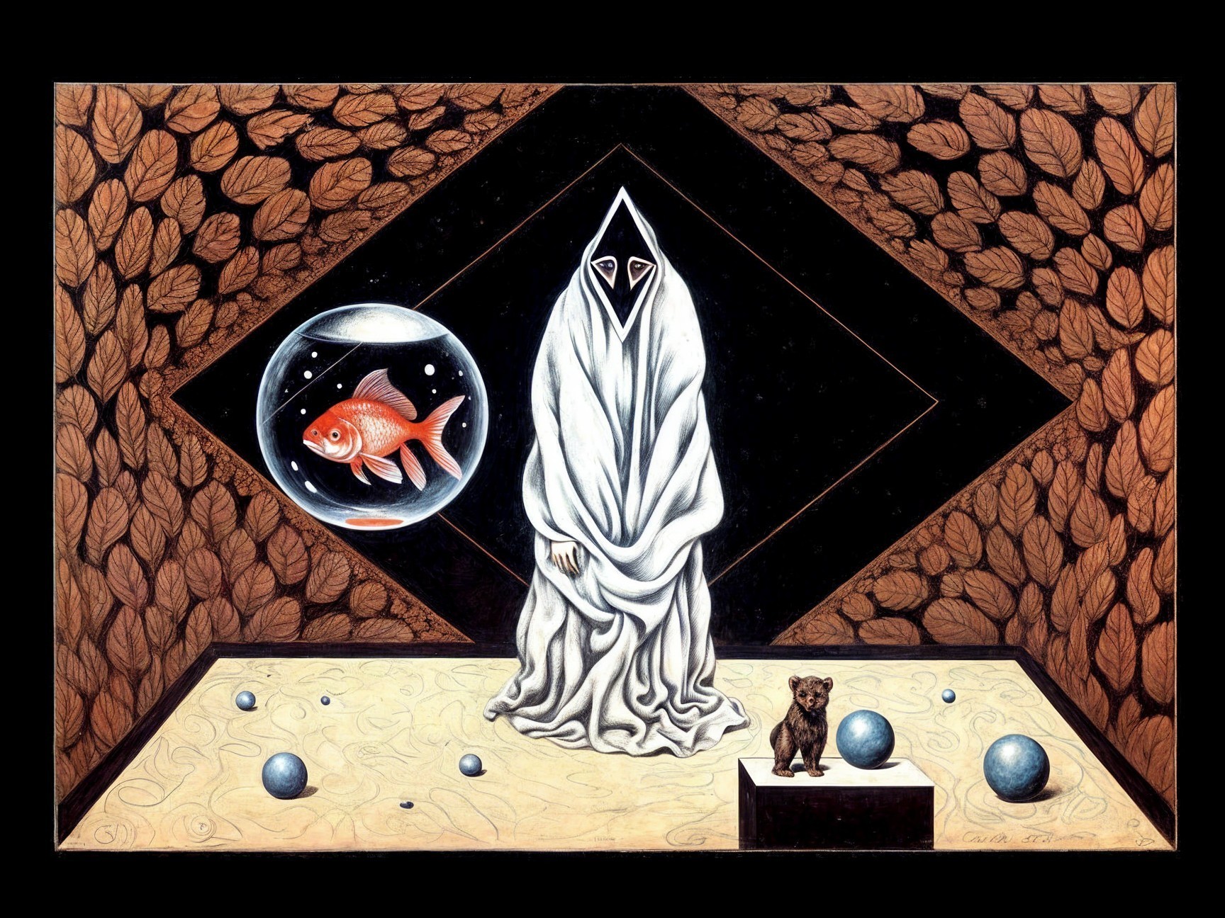 Mysterious Cloaked Figure in Surreal Room Setting