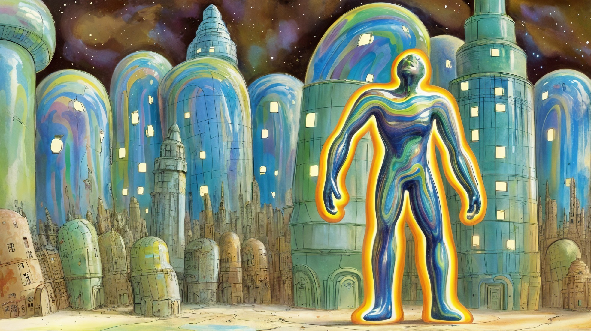 Surreal Landscape with Multicolored Humanoid Figure