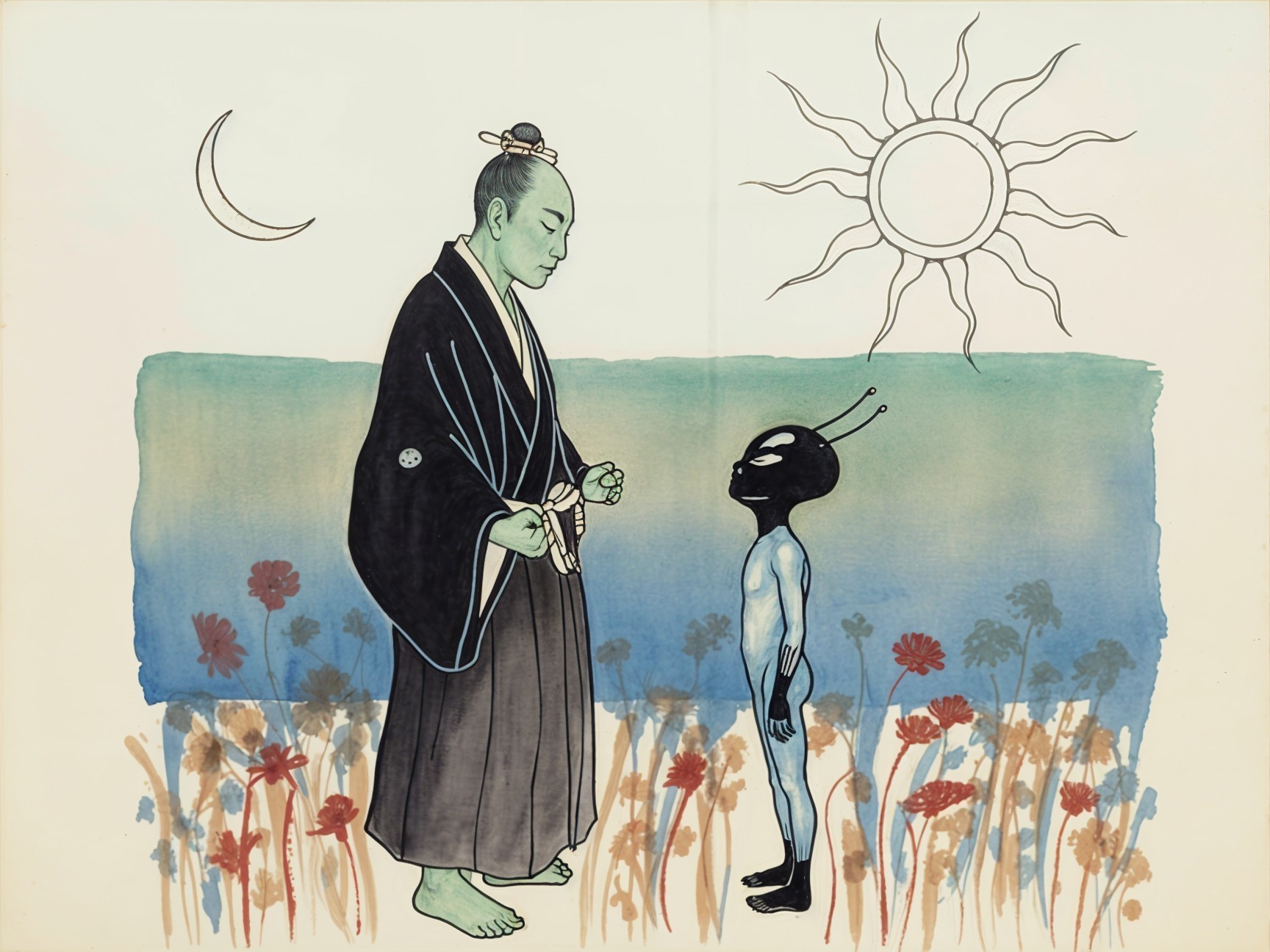 Traditional Samurai and Extraterrestrial in Tranquil Scene