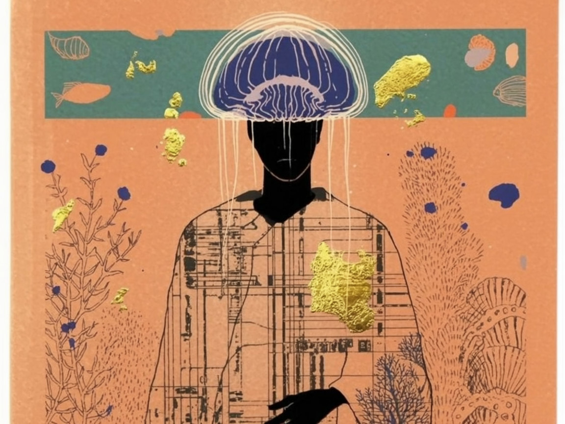 Silhouette with Jellyfish Motif on Orange Background