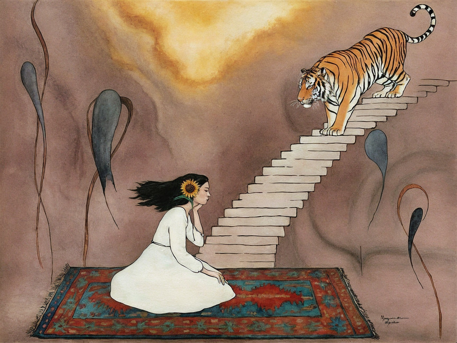 Serene Woman in White Dress with Majestic Tiger
