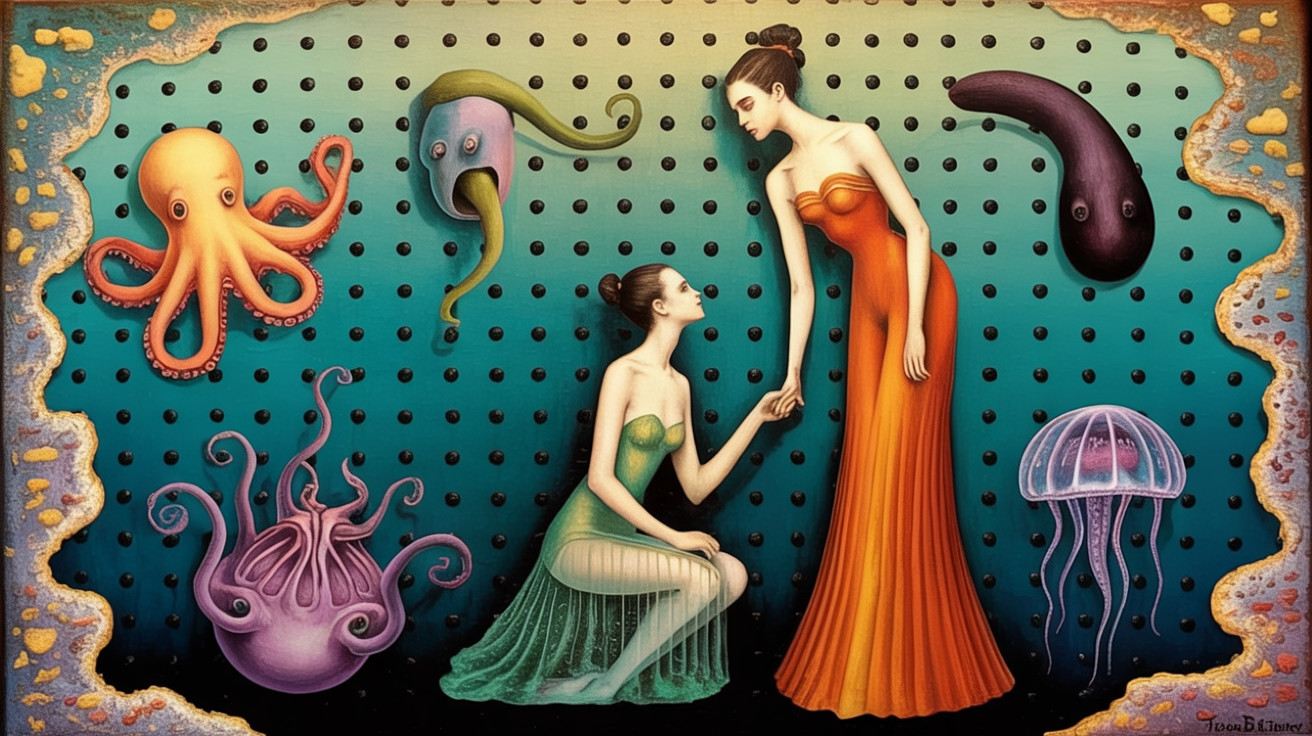 Elegant Women in Vibrant Gowns Underwater Scene