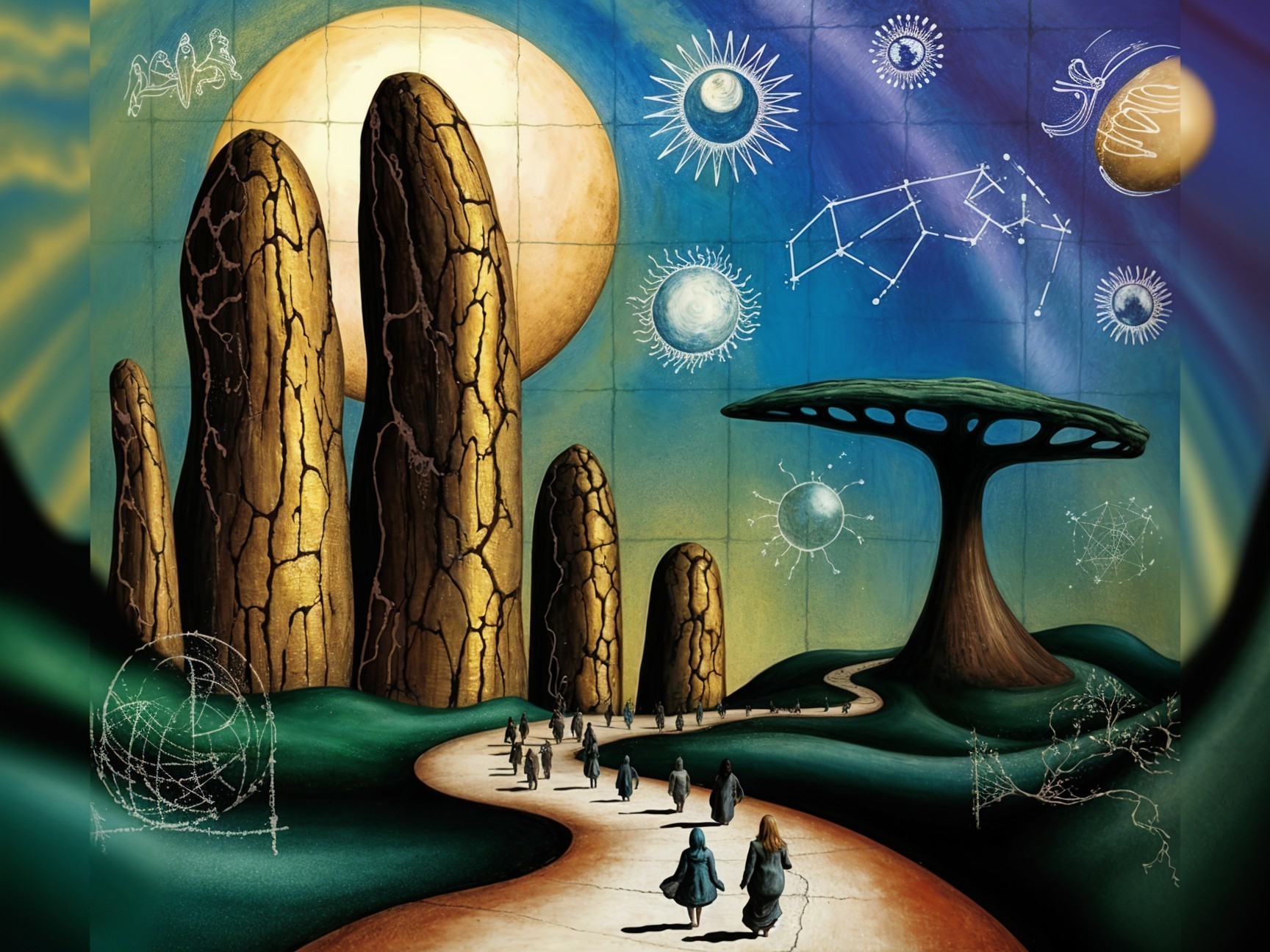 Surreal Landscape with Rock Formations and Celestial Symbols