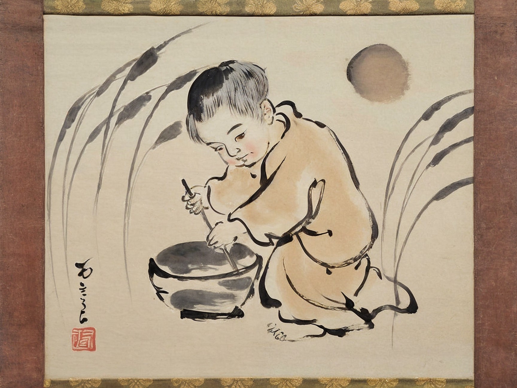 Traditional Japanese Ink Painting of a Child Stirring