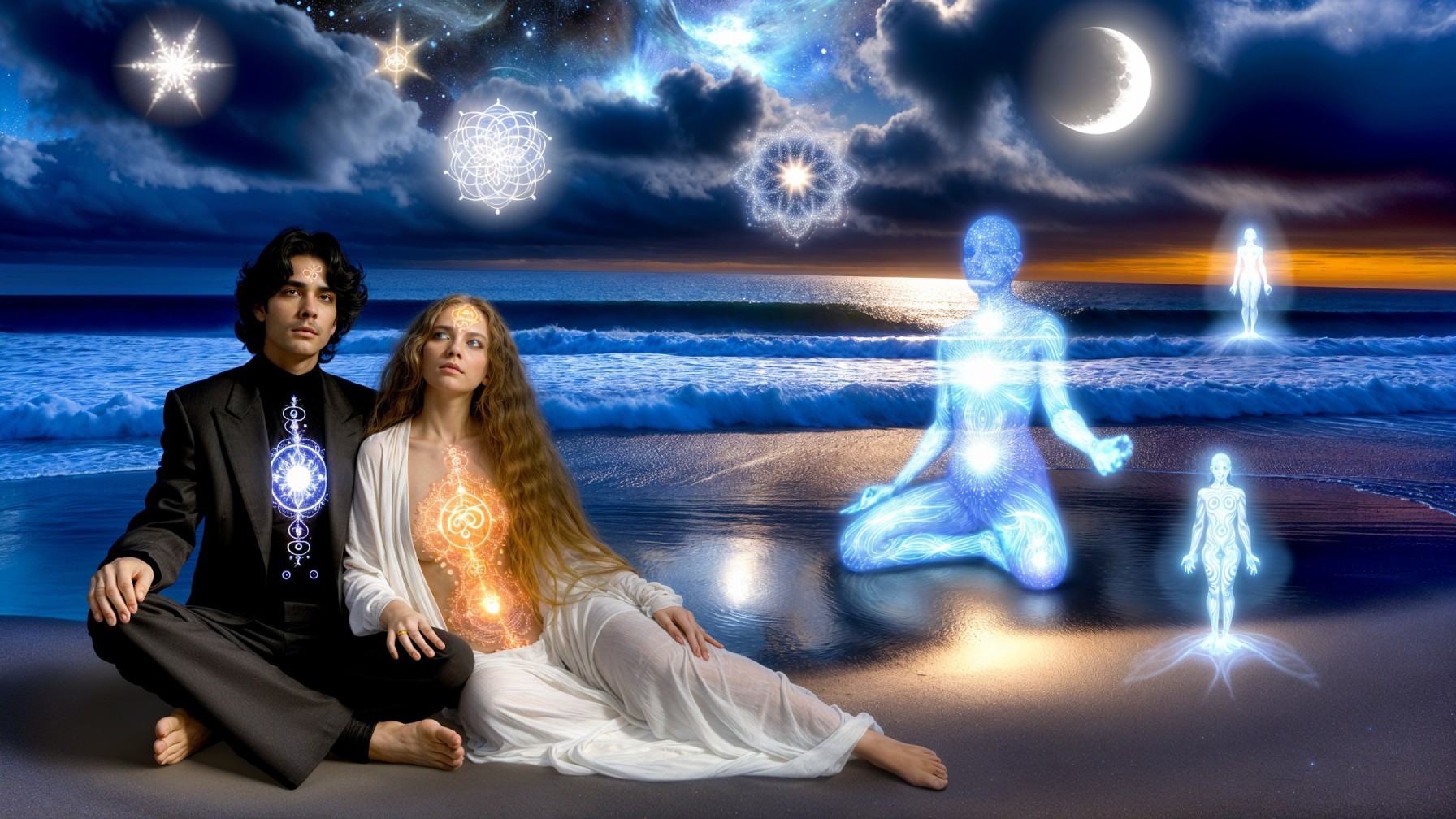Serene Beach Sunset with Ethereal Figures and Symbols