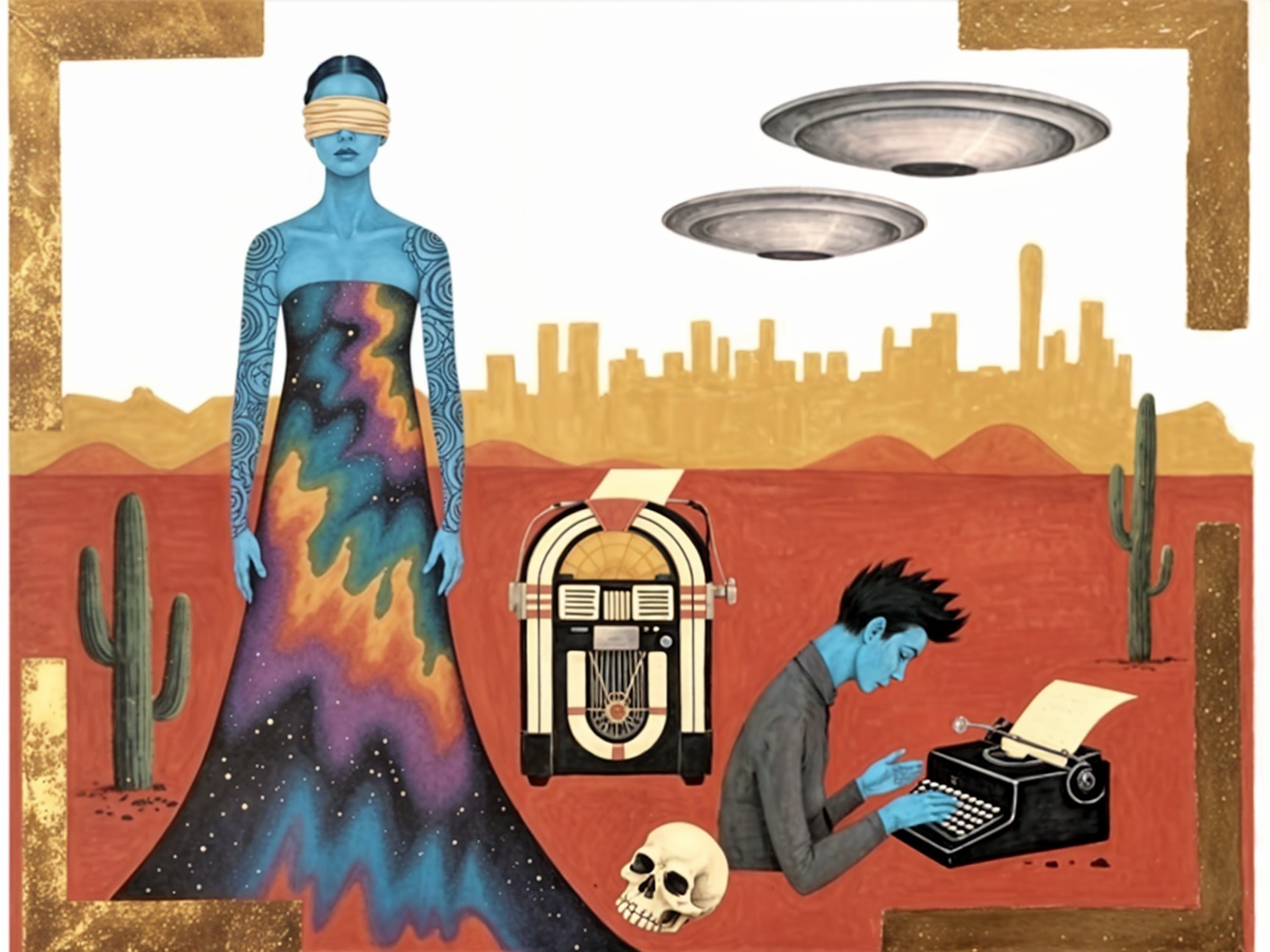 Surreal Desert Scene with Blue Figure and UFOs